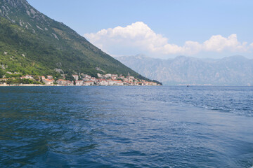 Panoramic View of Perast Old Town on Bay of Kotor Coastline with Mountains