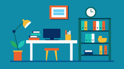 Modern office or home interior design featuring a desk with computer, bookshelf, and comfortable furniture