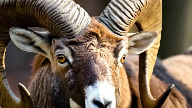 Close-up portrait of a majestic brown mouflon ram with impressive spiraling horns and detailed fur texture, showcasing the animal's distinctive features