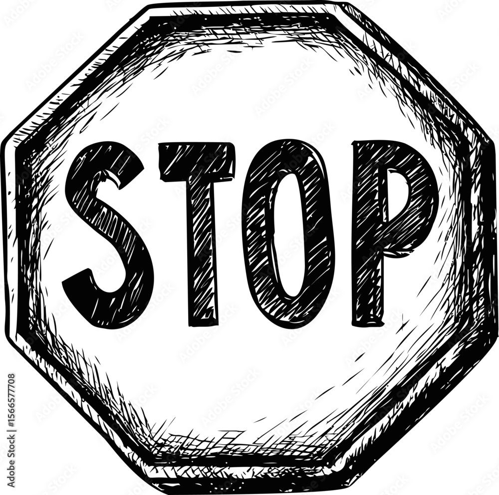 Poster black and white sketch of an octagonal stop sign with textured drawing style