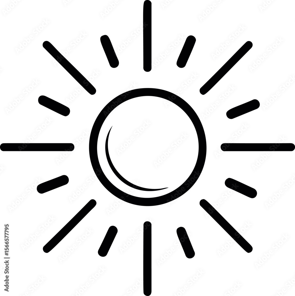 Poster minimalistic black outline drawing of a sun with shining rays