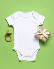 Mockaup Body de bebé con regalo y chupete sobre fondo verde