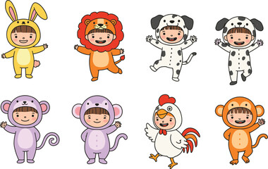 Cute cartoon kids in animal costumes, bunny, lion, dog, monkey, rooster, playful children dress up, vector character set illustration flat vector illustration