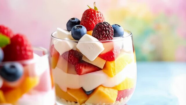 Fruit parfait glasses filled with layered yogurt, granola, berries and mango for a refreshing healthy treat. Dessert background