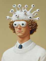 Man in absurd hat and white sweater stares ahead