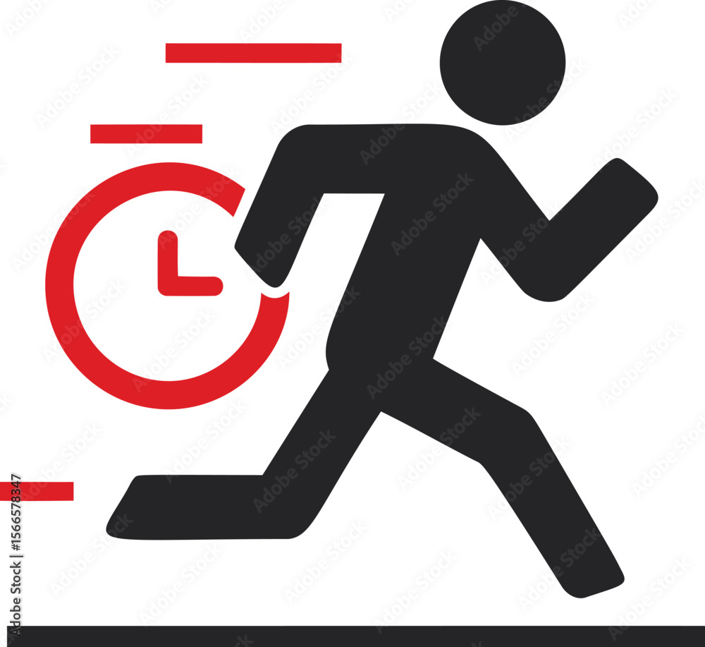 Poster Running figure with red clock symbolizing urgency and speed in a minimalist logo
