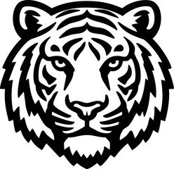 Black and white vector illustration of a tiger head, bold and fierce expression