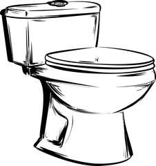 Black and white illustration of a toilet with a closed lid, bathroom sketch