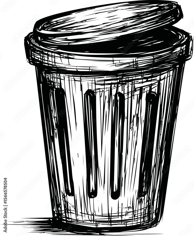 Poster sketch of a black and white trash can with open lid, vintage line art style