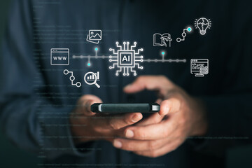 Person using smartphone with AI icons for web design, graph analysis, image generation, coding, and...