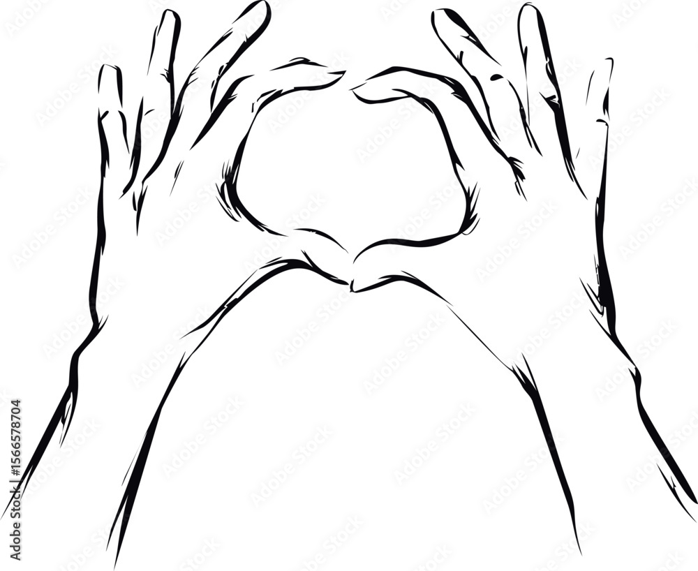Poster hands forming a heart shape in black and white line art design