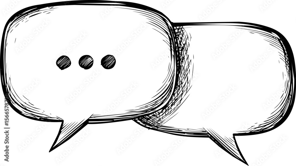 Poster two overlapping speech bubbles sketched in black ink over