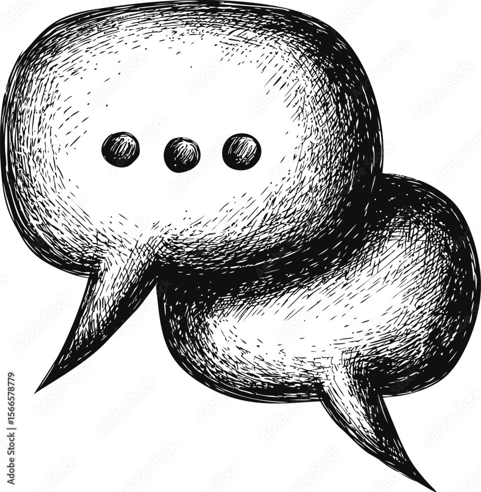 Poster Sketch of two speech bubbles with texture and three dots, communication concept