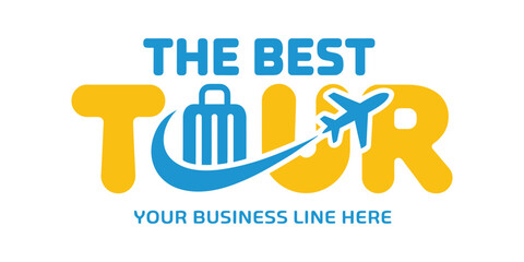Logo design for travel and tour agency featuring bold 'The Best TOUR' typography with airplane and suitcase icon, perfect for branding and promo