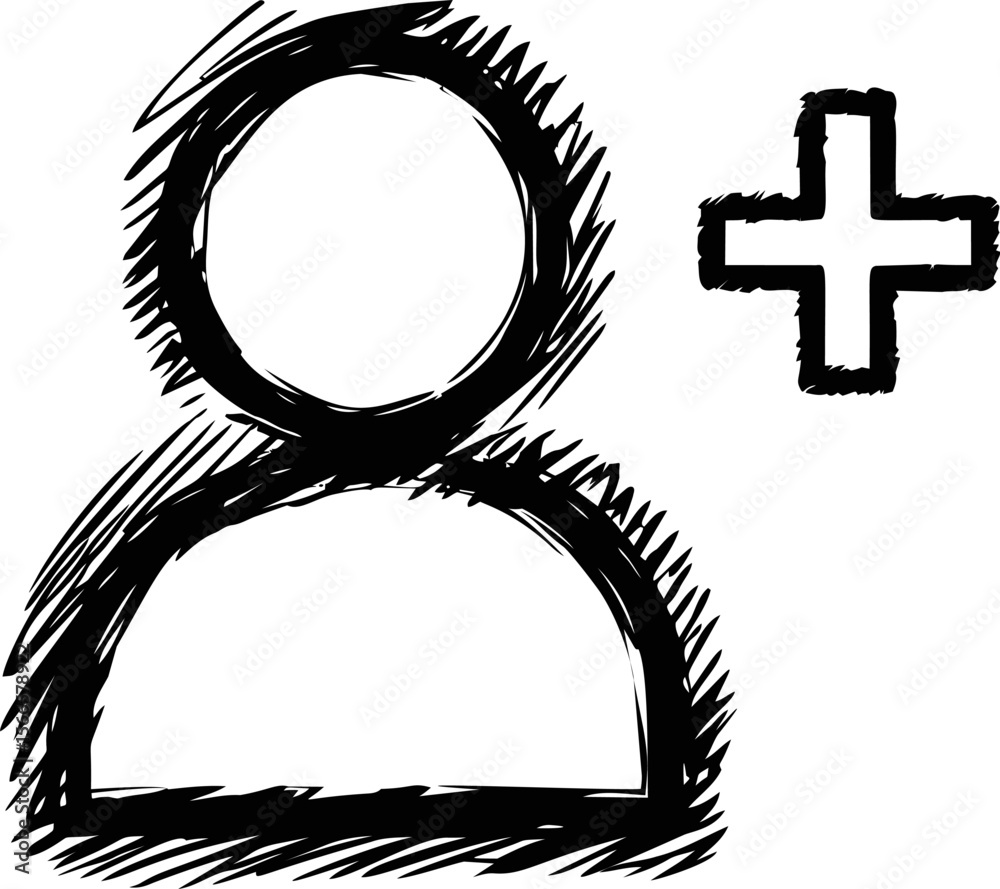 Poster sketch style add user icon with plus sign in black and white illustration