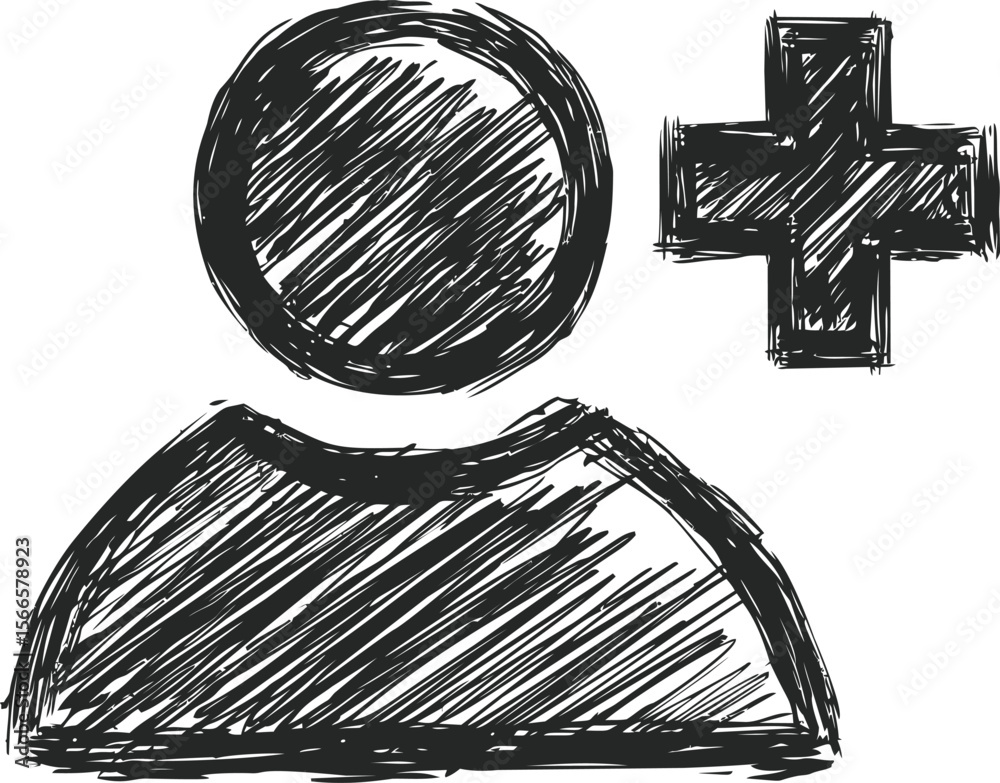 Poster Sketchy black and white user icon with plus sign for adding friends concept