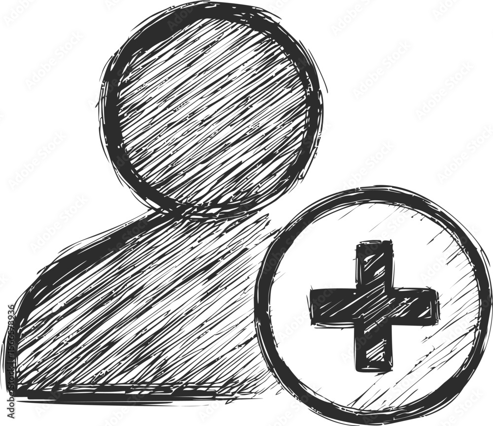Poster scribbled user icon with a plus sign in black and white, hand-drawn style