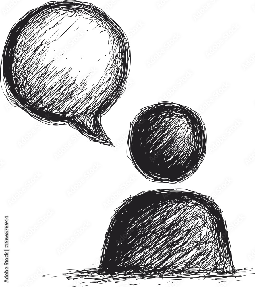 Poster sketch style illustration of person with speech bubble, abstract communication art
