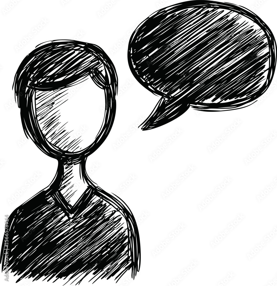 Poster sketch of faceless person and speech bubble with black shading illustration
