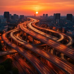 Naklejka premium Aerial View of Busy Highway Interchange at Sunset