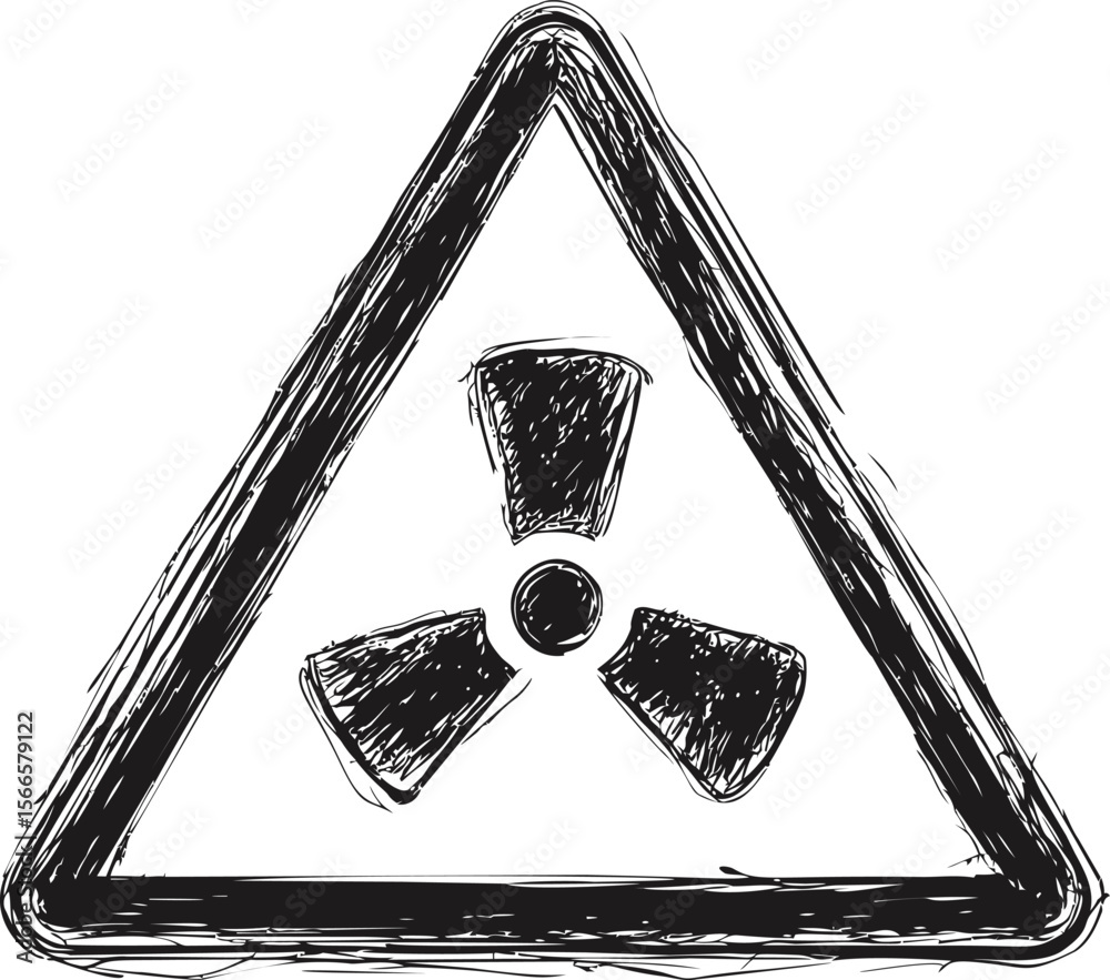 Poster hand-drawn black and white radioactive warning symbol with sketched texture