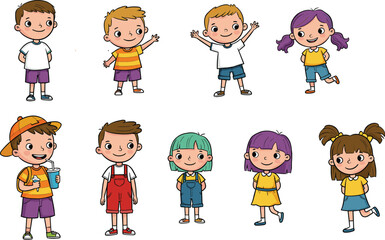 Cartoon happy kids characters, boys and girls smiling, colorful clothes, standing, waving, playing, summer outfit, fun children vector illustration flat vector illustration