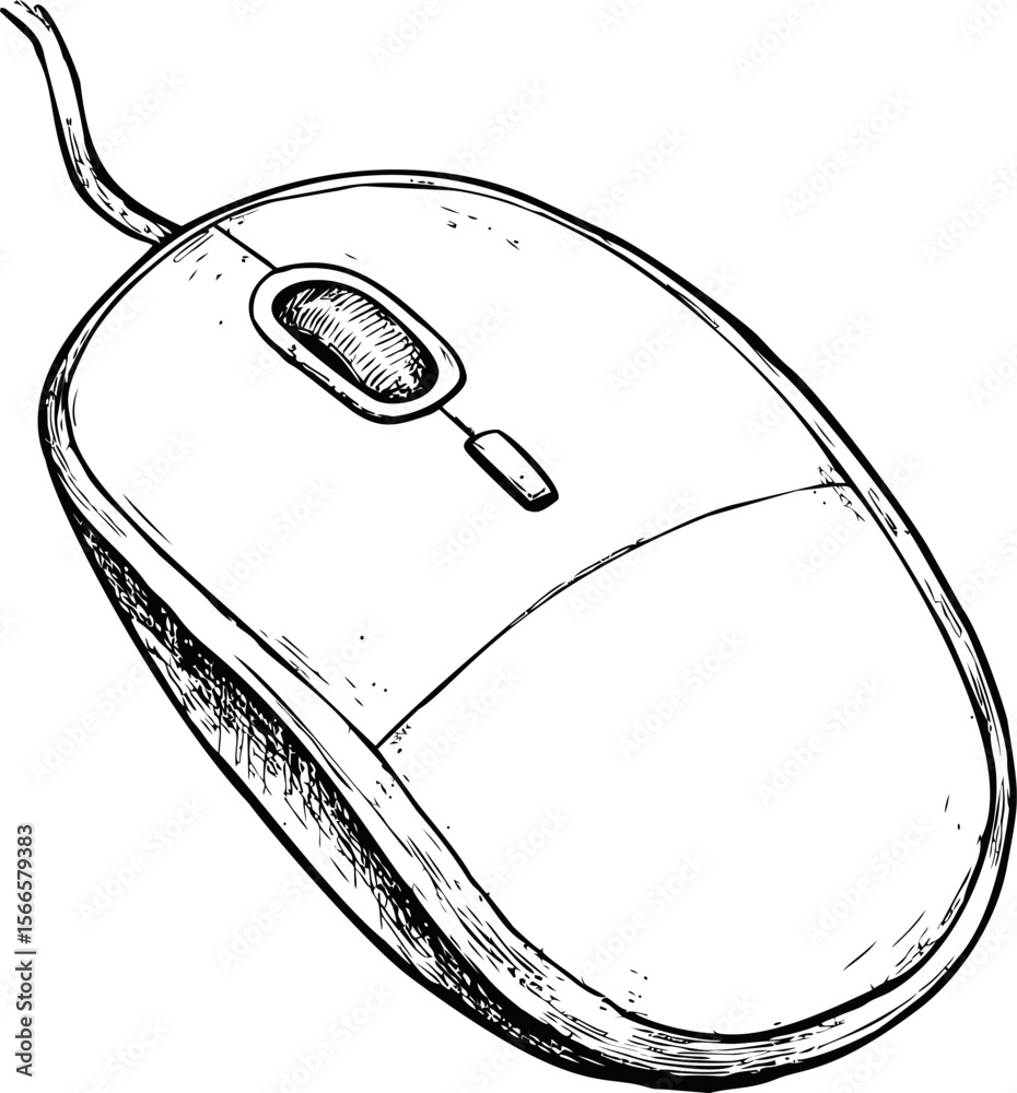 Poster illustration of a classic computer mouse with a scroll wheel in black and white