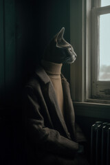 Anthropomorphic cat in coat staring out window