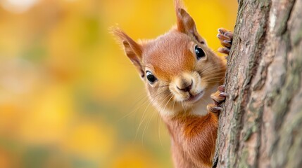 Naklejka premium Close-Up of a Curious Squirrel Peering from Behind a Tree in Autumn, Surrounded by Vibrant Yellow and Orange Leaves in a Natural Setting