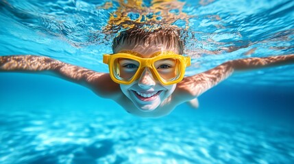 Naklejka premium Smiling child boy enjoying a swim in clear blue water