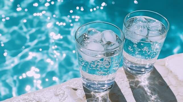 Two glasses of sparkling water with ice cubes sit by a shimmering blue pool on a sunny summer day, offering a refreshing escape from the heat