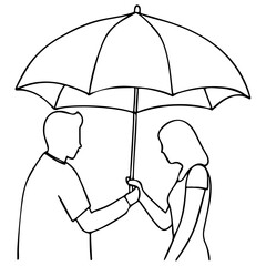 A young couple finds love and protection under a shared umbrella in the rain, a concept of safety for people