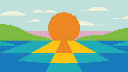 Abstract vector landscape of orange sun setting over stylized ocean waves and hills, with geometric sky and clouds in bold graphic design