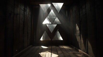 Sunlight Through Geometric Window in Wooden Cabin Interior