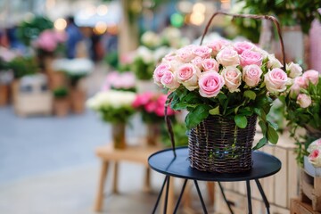 A bouquet of pink roses in a black basket stands out against a softly blurred backdrop of a bustling flower market, capturing the essence of beauty and tranquility