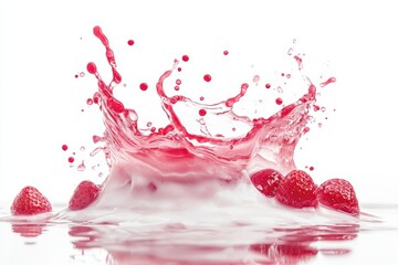 Milk or yogurt splash with strawberries isolated on white background. A white background with red splatters of paint and red strawberries.