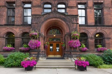 Naklejka premium A grand entrance of a red-brick building adorned with vibrant pink flowers
