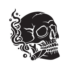 Smoking Skull Silhouette Icon with Cigarette and Smoke Vector Symbol