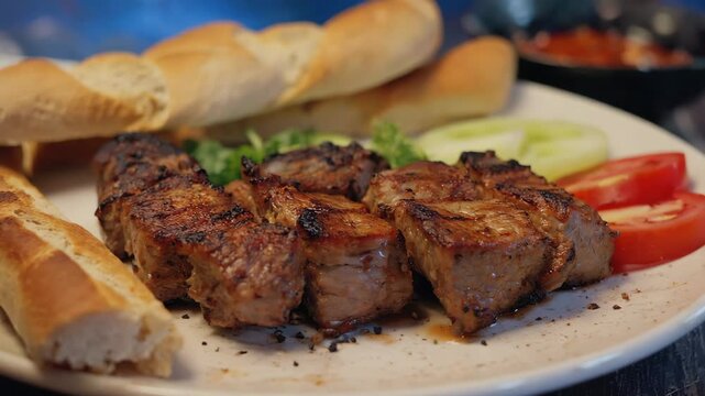 Bulgarian grilled meat, Kebapche, Juicy kebapche served with fresh bread and grilled vegetables, Warm browns and reds,  evening light, Savory and juicy feeling
