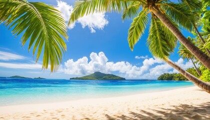 This tropical beach has white sand and turquoise water. In the distance, green islands are visible under a blue sky with clouds. Palm trees create an atmosphere of tranquility.