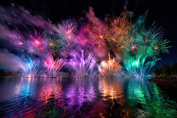 Colorful fireworks illuminate the night sky over a calm lake during a summer celebration