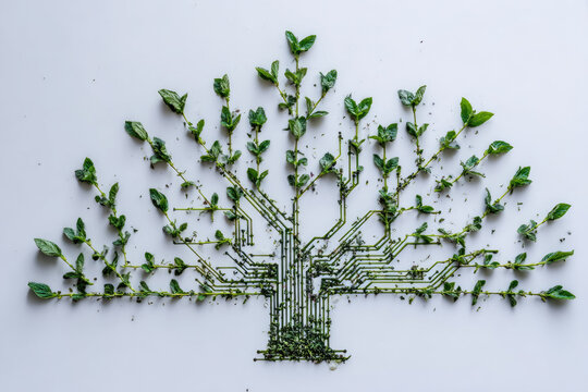 Tree made from dried herbs and green leaves arranged like circuit board on white background, symbolizing technology and nature connection, creative and eco friendly concept