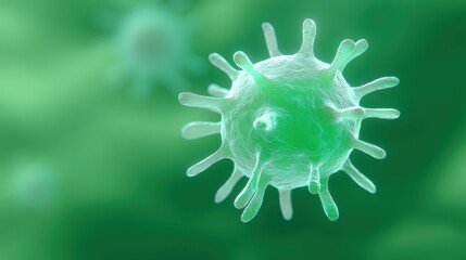 Obraz premium Microscopic View of Green Virus Cell with Spikes on Surface Under Digital Illustration, Representing Infection and Disease Spread in Science