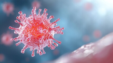 Realistic 3D illustration of a virus, showing intricate details of its surface and structure, set against a blurred blue background with other particles