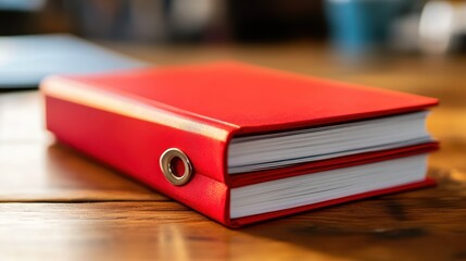 A close-up view of a red binder lying on a wooden surface, with metal ring visible and blurred background.