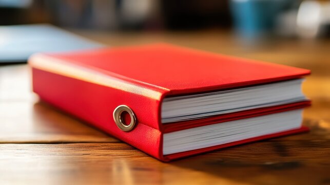 A close-up view of a red binder lying on a wooden surface, with metal ring visible and blurred background.