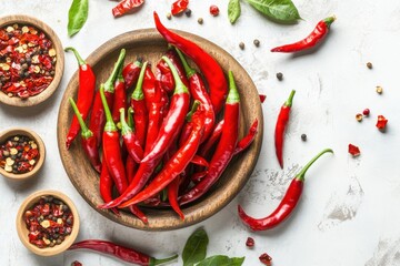 A bowl of red peppers sits on a table next to other bowls of spices. Red hot chili pepper isolated on white background.