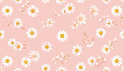 Delicate floral pattern with white daisies and sprigs on a pale pink background.
