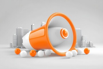 An orange megaphone blasting through a cityscape of gray buildings, symbolizing communication or announcement in an urban setting
