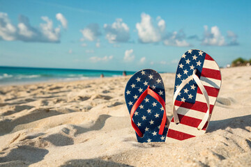 American flag patriotic customize flip flops on sandy beach summer vacation concept.